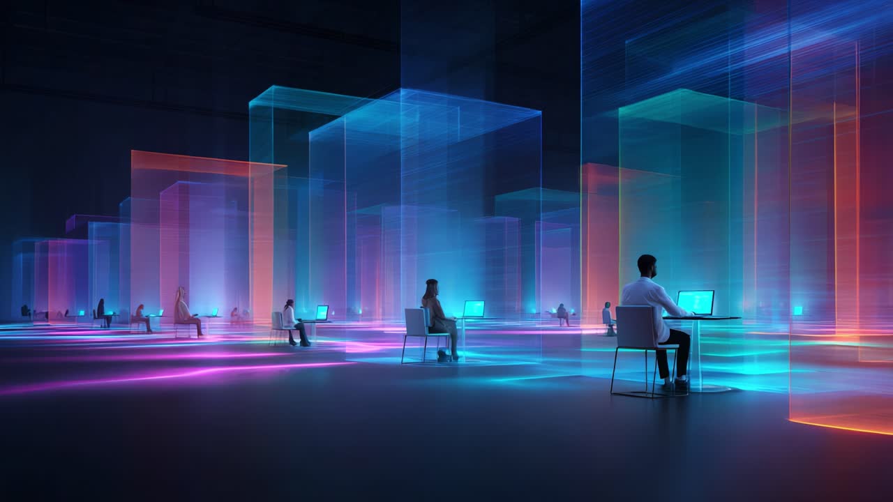 An ethereal digital workspace featuring illuminated holographic cubes and individuals engaged in computer tasks, creating a futuristic atmosphere of innovation and technology