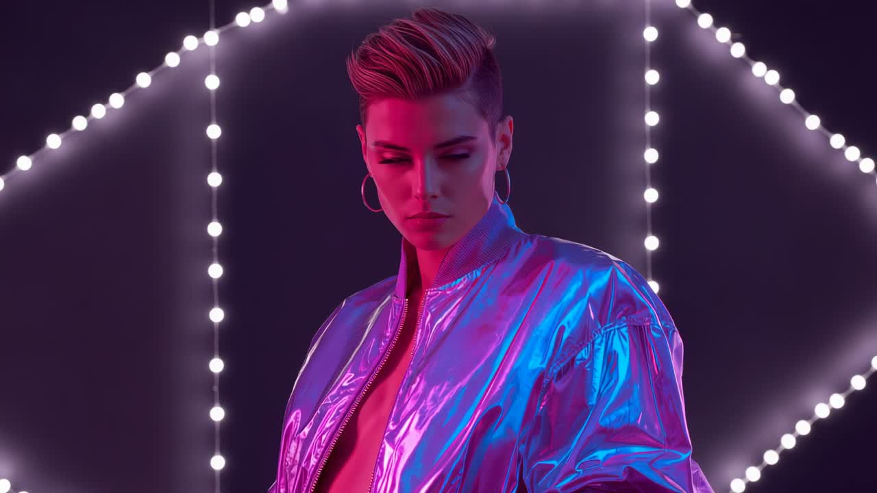 Shifting lights model in bomber jacket tilting head dropping gaze, reflecting in LED-lit studio