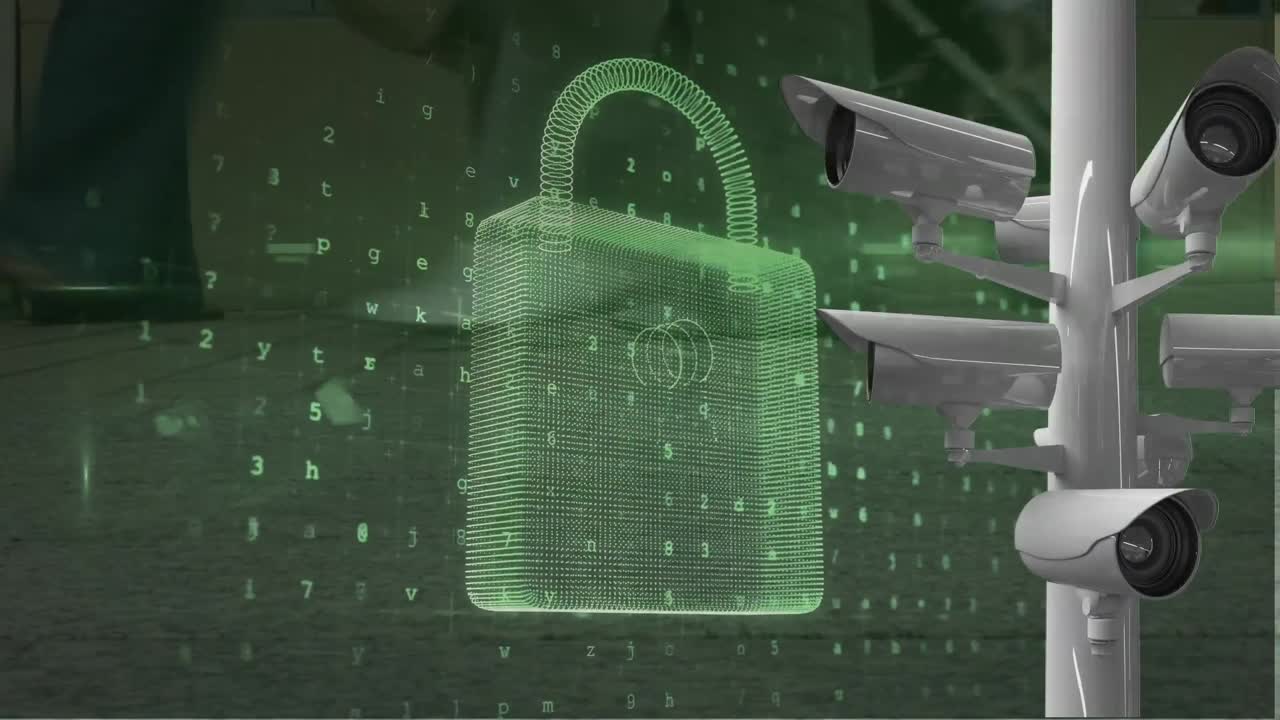Animation of online security padlock and cameras recording over city in the background.