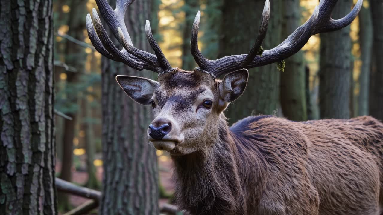 Serene forest scene with sunlight filtering through tall trees, captured from a low angle