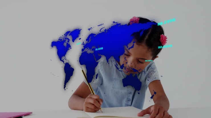 Young girl writing in notebook with world map animation overlay