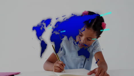 young girl writing in notebook with world map animation overlay