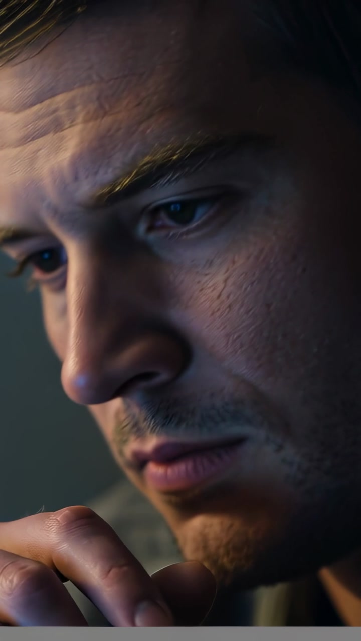 Furrowing brow man focusing on off-screen device at home office, hand near chin, wearing gray top