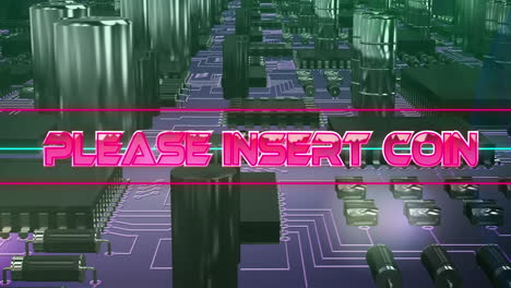 animación de texto metálico rosa por favor inserte moneda, sobre líneas de neón, en la placa base de la computadora