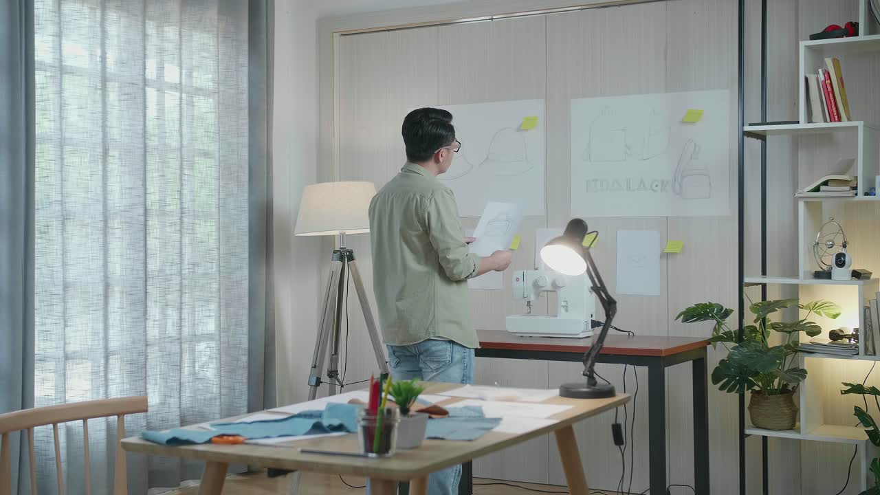 vista trasera del diseñador asiático comparar el papel de boceto de diseño de la bolsa en la mano con el papel en la pared