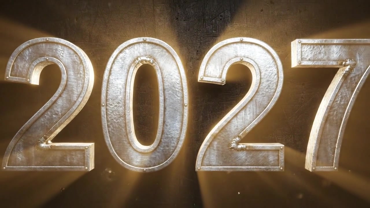 Animazione stilizzata del numero 2027 per il nuovo anno con scritte metalliche blu e argento