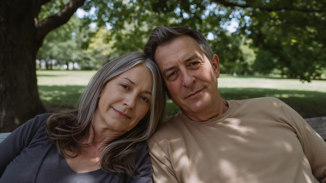 Luz solar entrando sob uma árvore frondosa, casal de idosos sentado em um banco de parque, mulher fechando os olhos