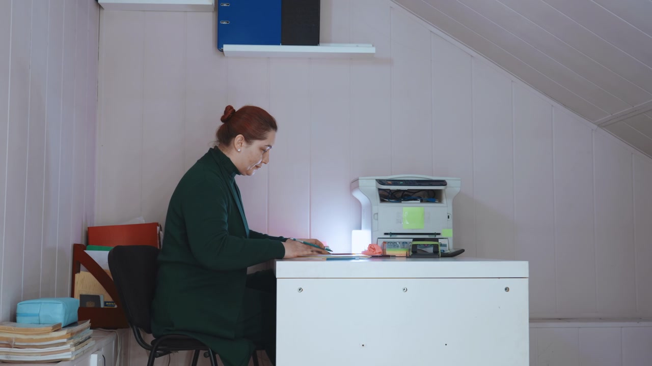 Organized teacher assesses assignments with pen and notes in evening lighting. Dedicated educator methodically examines student submissions amid stacked papers and focused ambiance