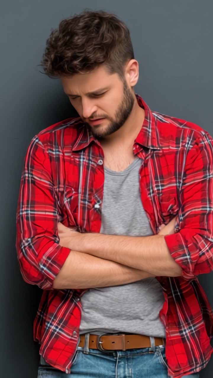 Un Hombre con Camisa de Cuadros Roja y Expresión Pensativa, Mostrando Contemplación y Reflexión sobre un Fondo Neutro en una Serie de Imágenes Emocionales