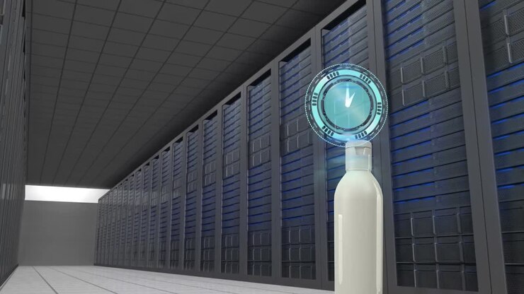 Animation of clock over cream container and server room