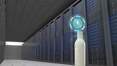 Animation-of-clock-over-cream-container-and-server-room