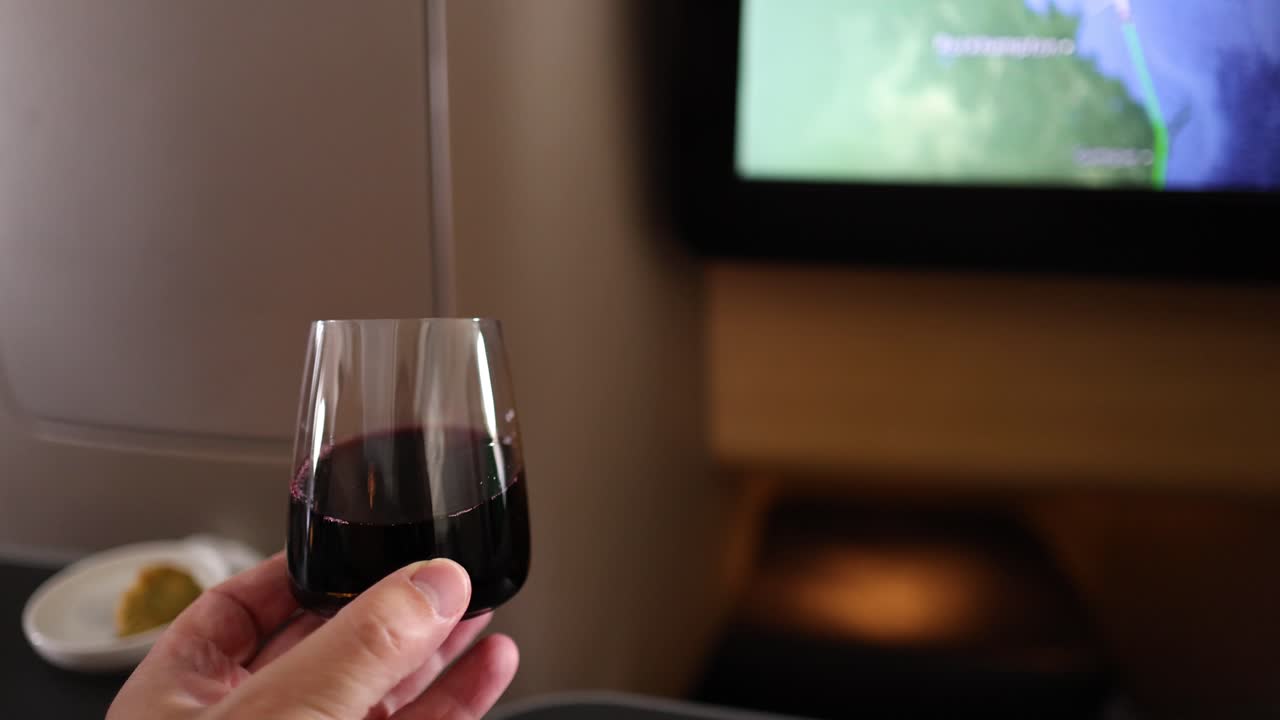 비행기 에서 와인 컵 을 들고 있는 손