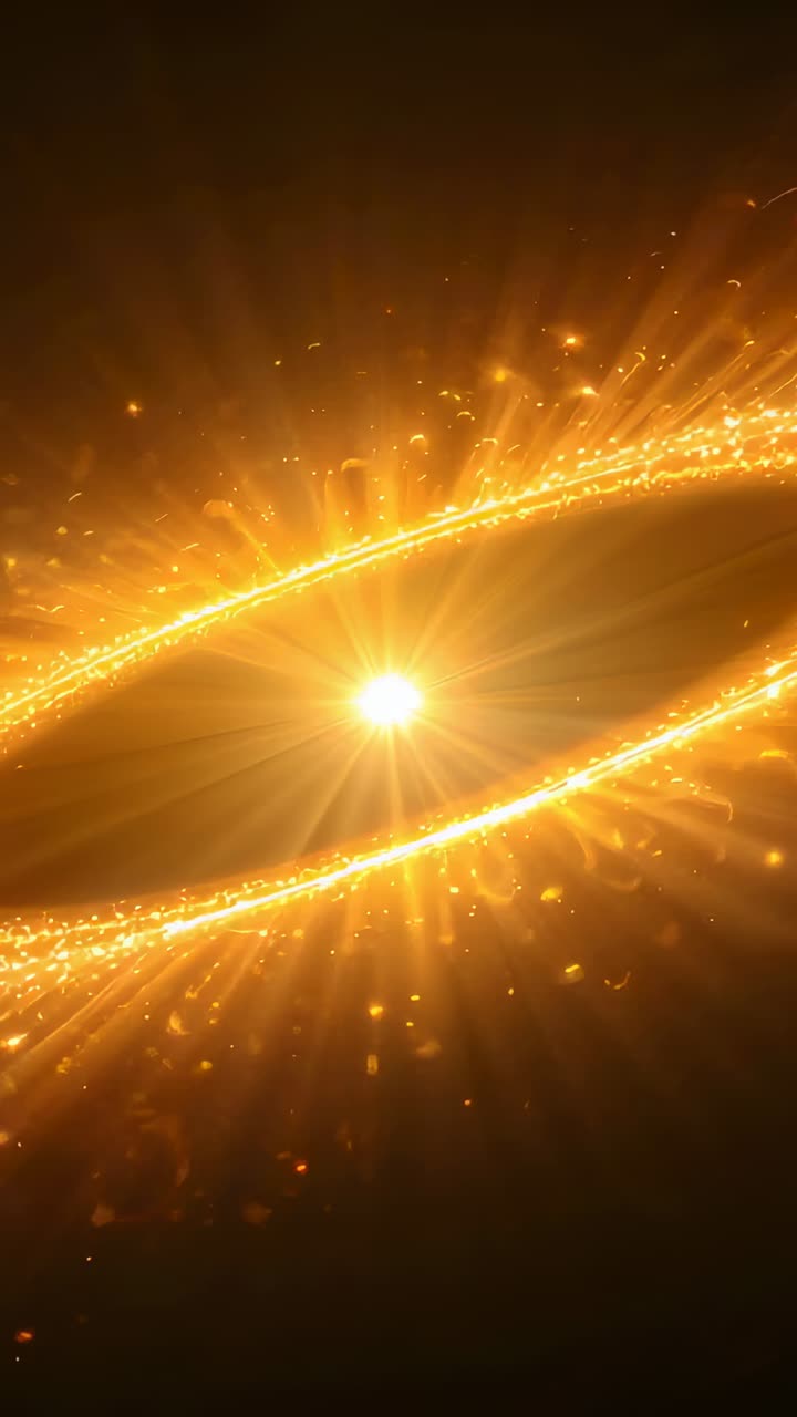 Vertical video: Starting bright golden orb pulsing and rotating rings in dark void, drifting sparks