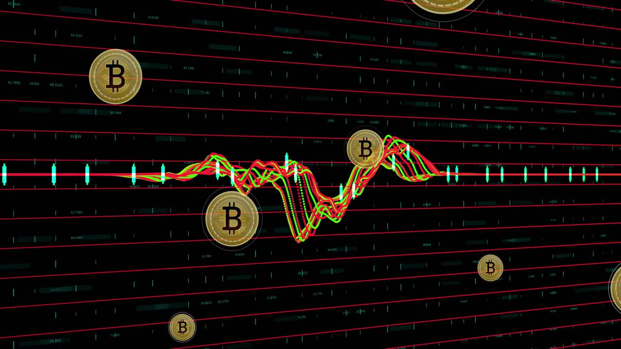 Onda central pulsando e ondulando durante a reprodução, enviando moedas Bitcoin flutuantes para ilustrar a tendência do mercado.