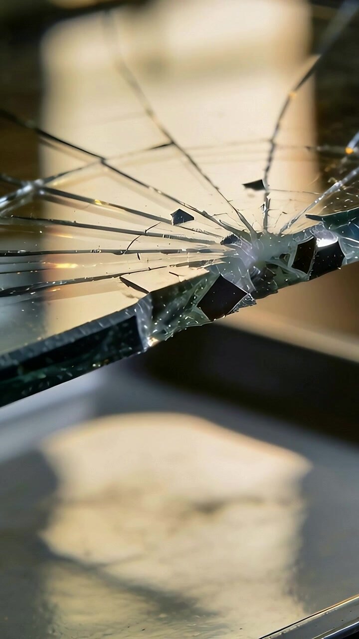 Vertical video: Shifting camera scanning cracked glass panel in shop, showing chips for inspection