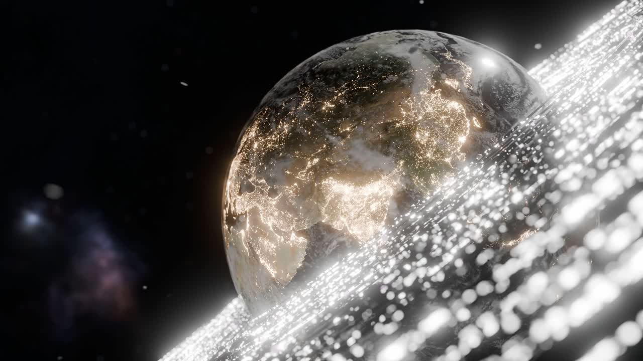 Earth showing illuminated regions of South Asia, East Asia, with white digital particles in outer space. India, China. 3D rendering with night lights and energy wave. technology global connection