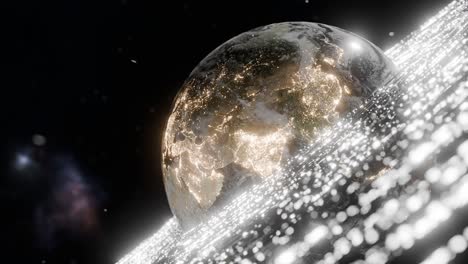 earth showing illuminated regions of south asia, east asia, with white digital particles in outer space. india, china. 3d rendering with night lights and energy wave. technology global connection