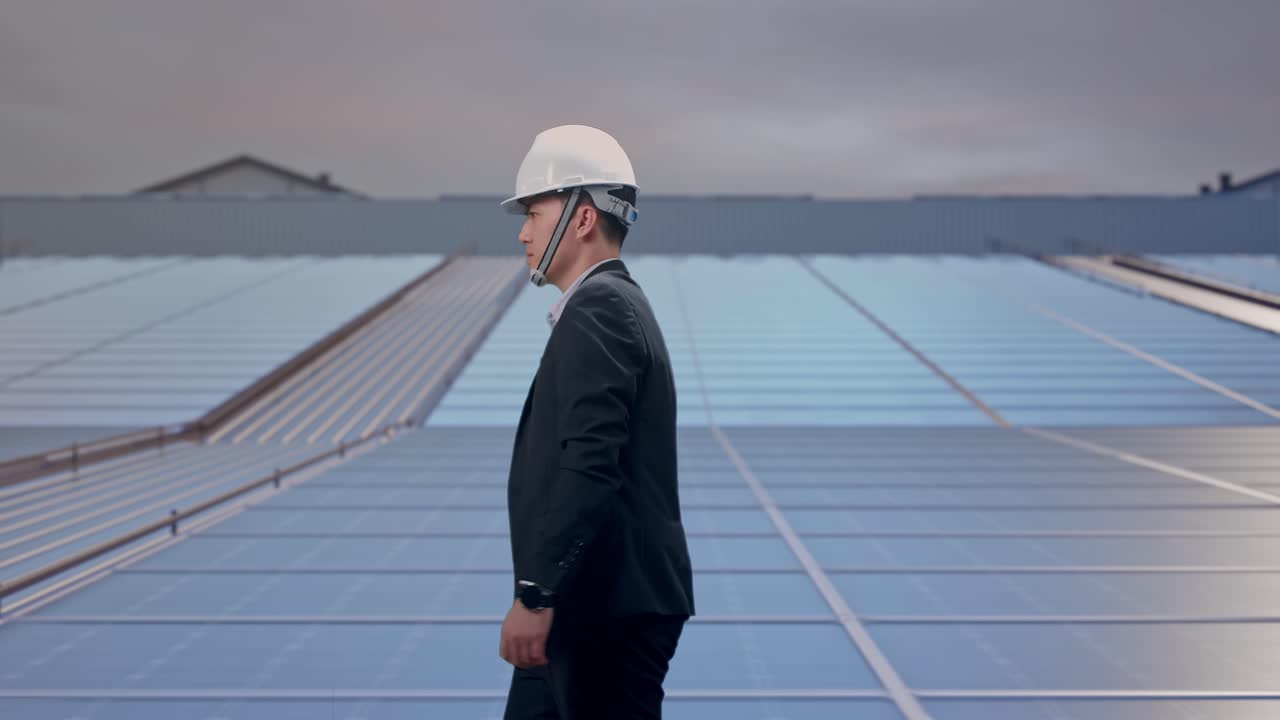 Vista lateral de un empresario asiático caminando en paneles solares de tejado industrial.