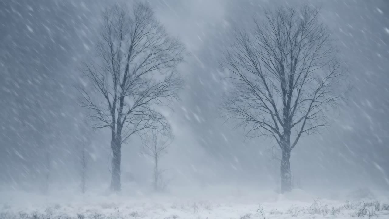 A serene winter scene with two trees in heavy snowfall, captured from a low angle