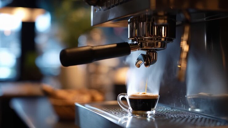 Steam rises as dark liquid pours into a cup. Metal machine hums softly in the warm glow. Caffeine's promise meets the morning's quiet pause. Perfect for cafe scenes, coffee brand ads