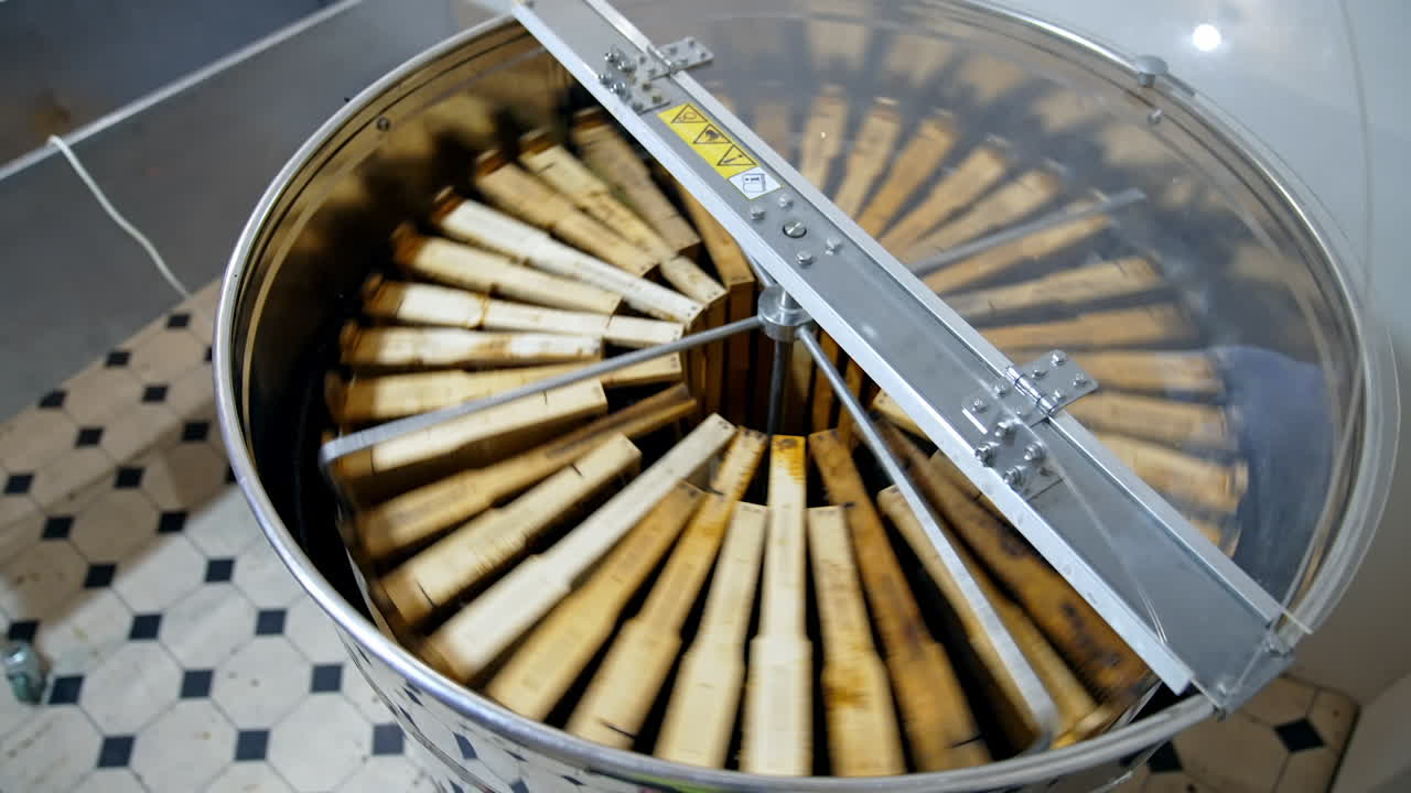 Factory apiarist working with wooden beehives. Handsome man working with honey wooden frame.