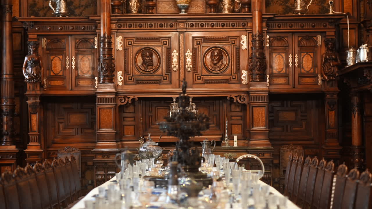 Interior do Castelo de Peleș na Romênia. Sala de jantar com uma mesa posta e design clássico
