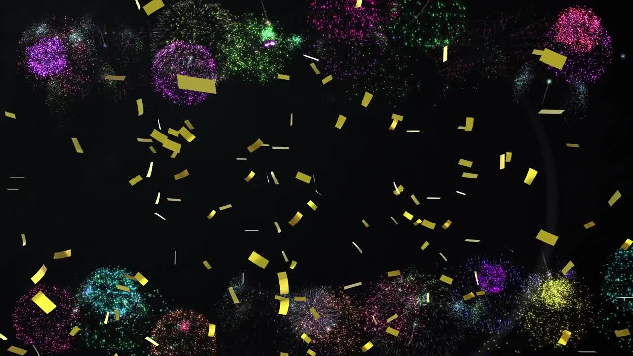 animación de confeti cayendo y fuegos artificiales