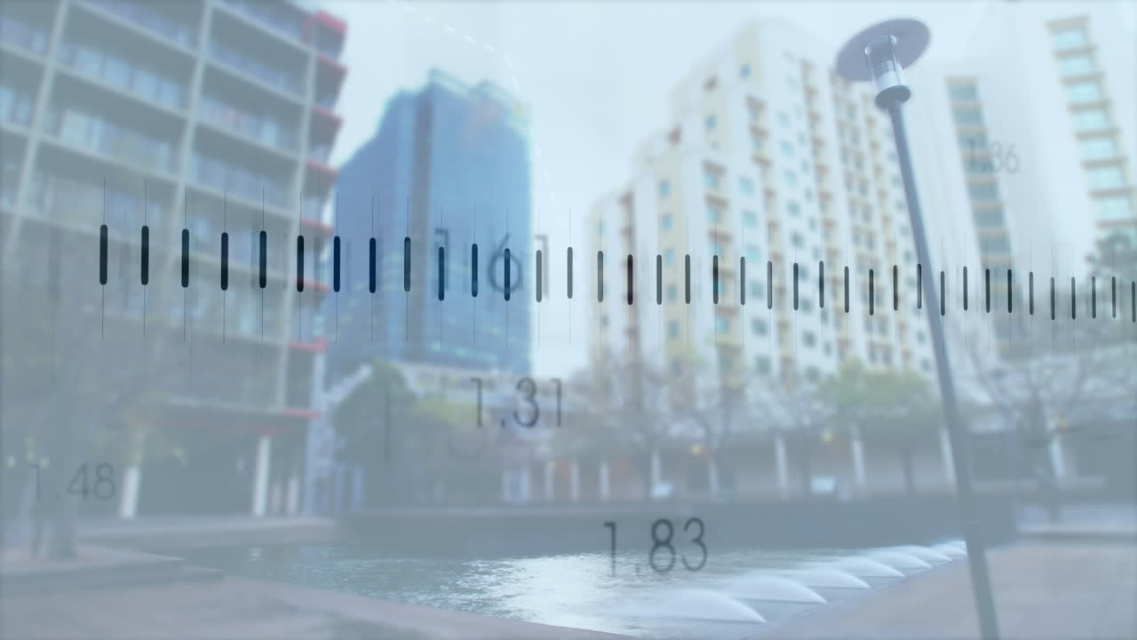 도시 풍경 위의 금융 데이터 처리 애니메이션