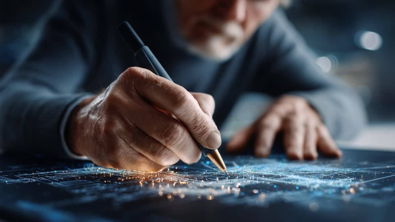 An elderly person's hand skillfully sketches intricate designs on a digital interface, showcasing creativity and precision in every line and detail