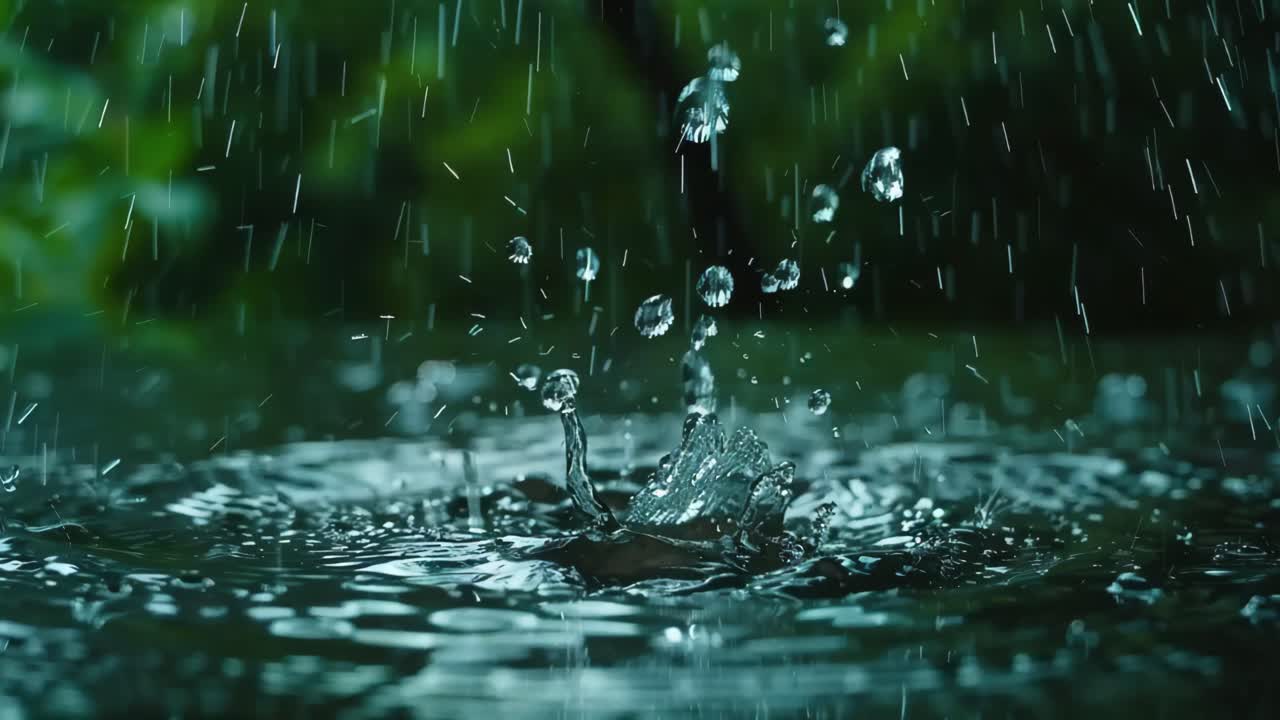 Rain Drops Splashing on a Puddle in a Forest