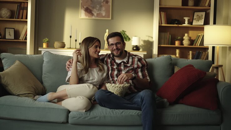 Couple watching TV with popcorn