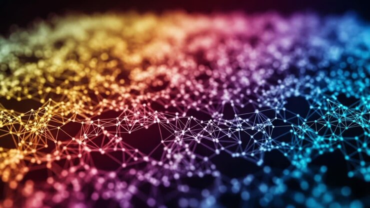 Vibrant Network of Connected Nodes and Lines in a Gradient Spectrum of Colors Representing Data Flow and Interaction in Digital Space