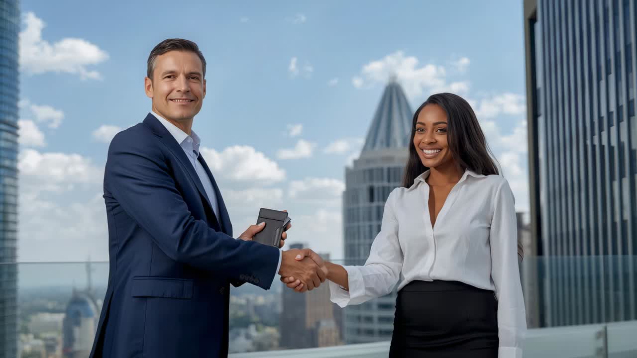 Arriving on terrace man in suit and businesswoman shaking hands with folio exchanging greetings