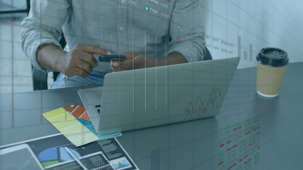 Animation of scan scope over african american men using smartphone