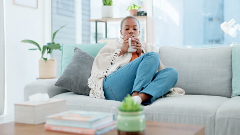 Relax,-coffee-and-black-woman-on-sofa-in-home