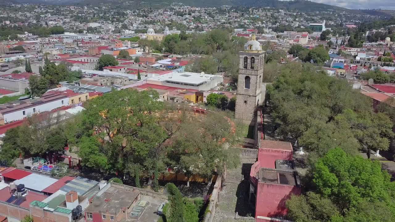 Aerial orbit capturing the traditional bullring of Tlaxcala, an important cultural landmark in central Mexico