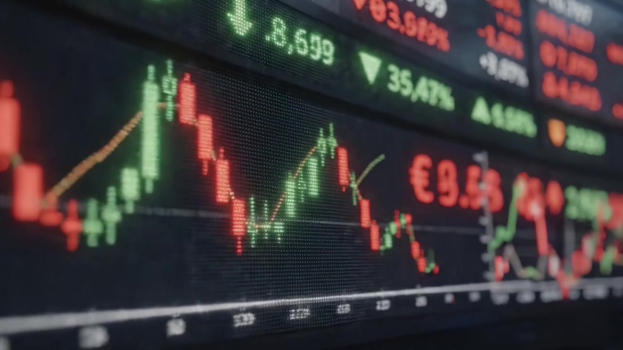 Display dinamico del mercato finanziario: analizzando le tendenze e i grafici delle azioni in tempo reale con pannelli di visualizzazione illuminati e fluttuazioni dei prezzi.