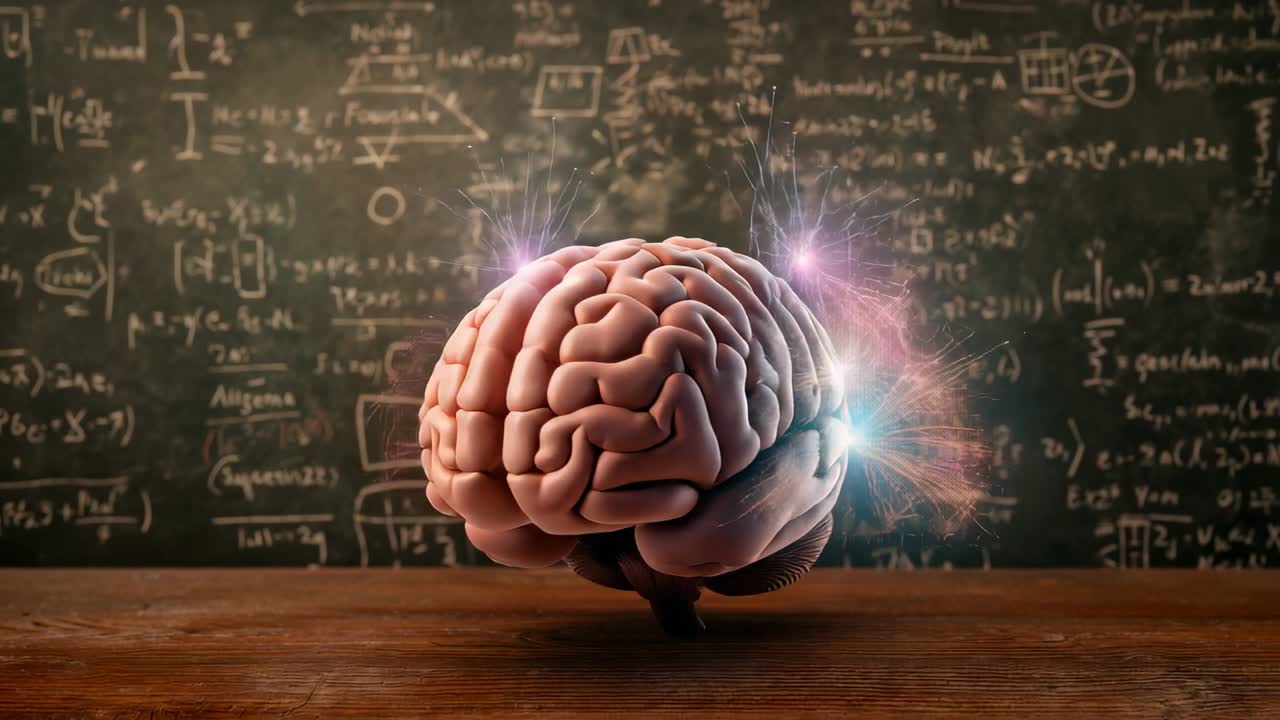 Animation starting 3D brain model rotating in class at chalkboard on table pulsing nodes for lesson