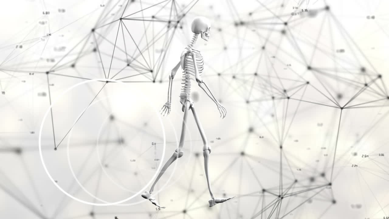 animación de un esqueleto que camina sobre una red de conexiones sobre fondo blanco