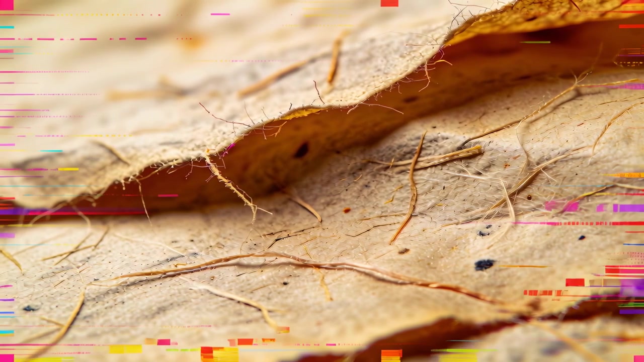 La messa a fuoco della telecamera si sposta su fogli di carta stratificati in studio, rivelando fibre, macchioline e bande di glitch.