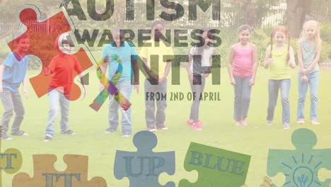 animation of colourful puzzle pieces and autism awareness month text over schoolchildren