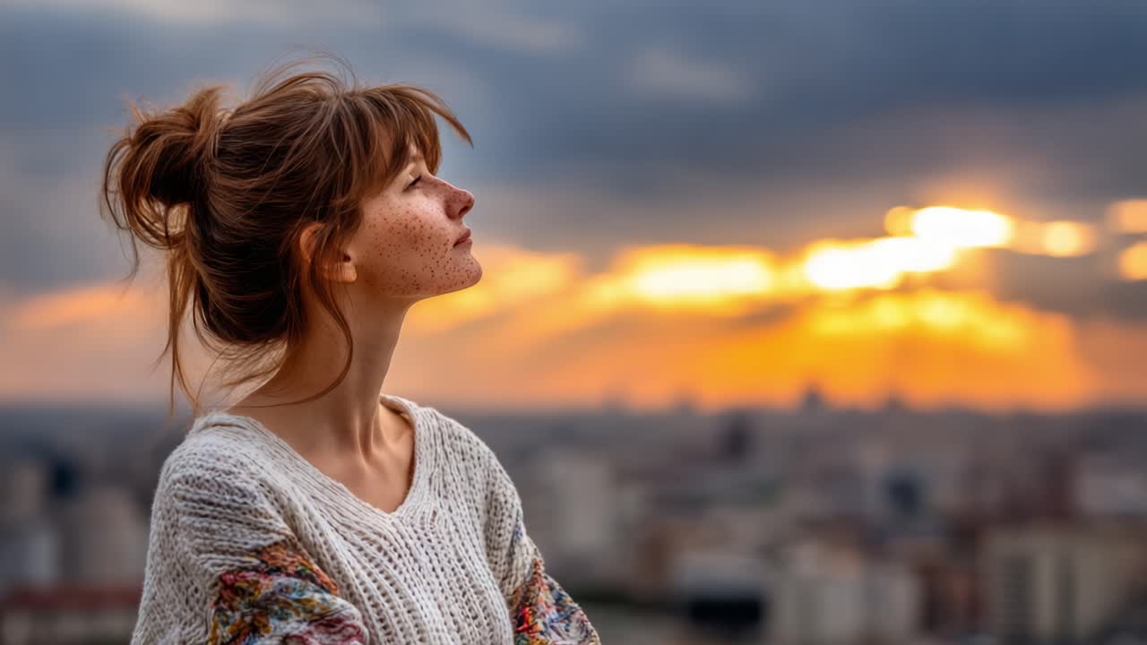 Un momento sereno al tramonto: cattura la bellezza del riflesso su un cielo vivido con una giovane donna riflessiva in un comodo maglione