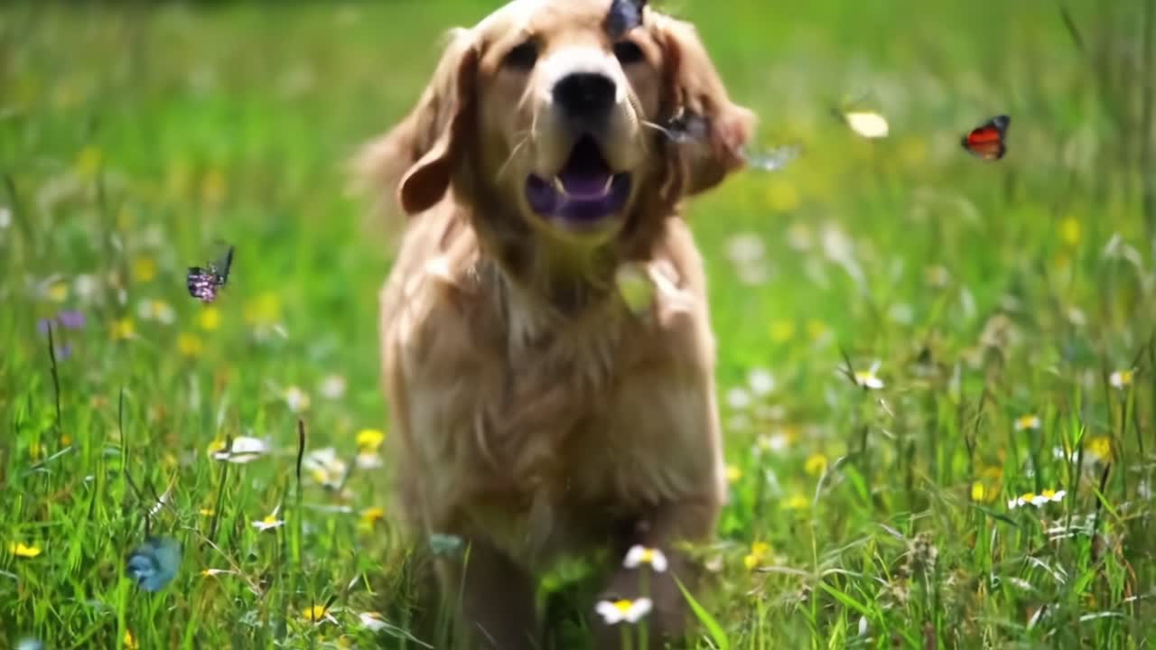 A Playful Golden Retriever Chasing Butterflies in a Lush Meadow Full of Colorful Wildflowers and Bright Green Grass