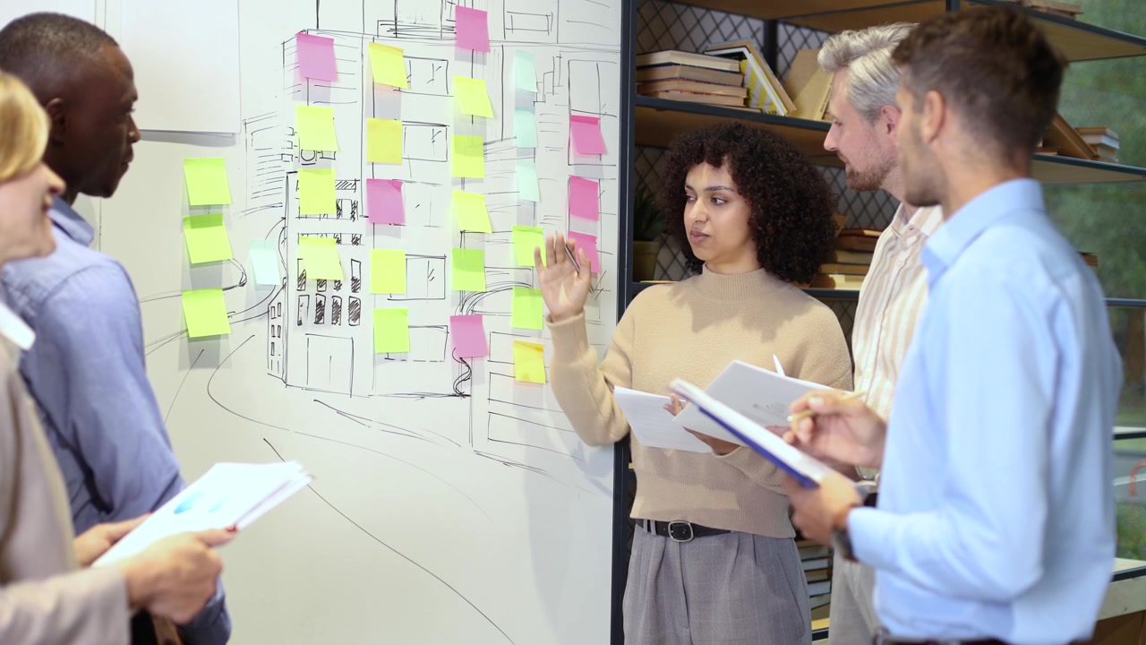 Equipa de negócios diversificada brainstorming ideias no quadro branco com notas adesivas