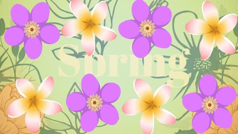 spring text banner and flowers icons against floral design pattern on green background