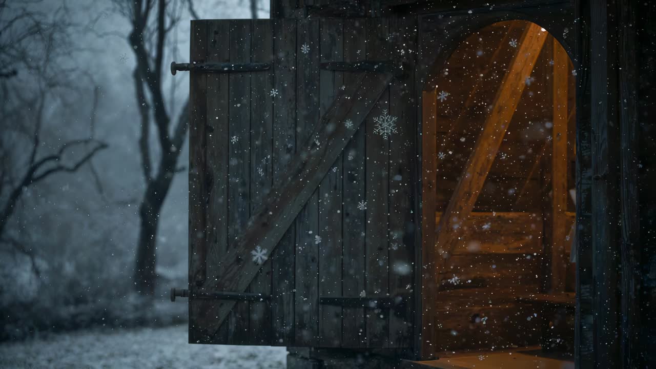 Camera framing weathered wooden barn door in twilight, snowfall starting and interior glowing amber