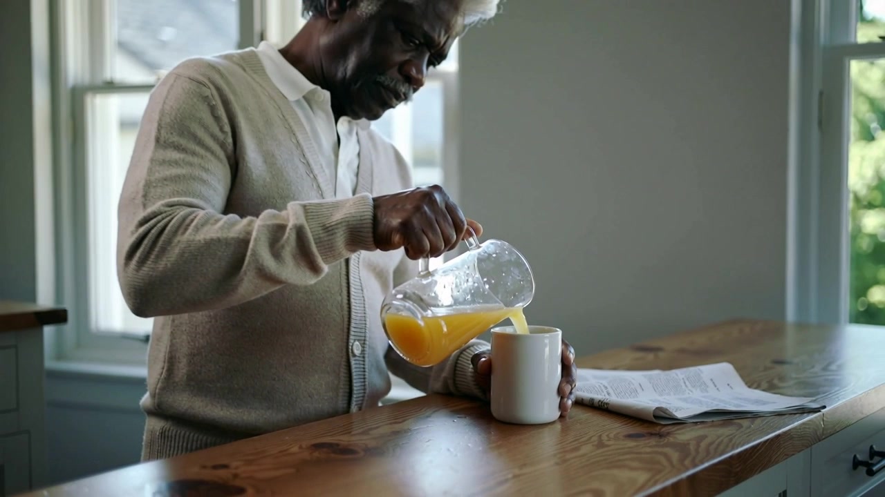 Persona mayor con cárdigan levantando una jarra y sirviendo zumo de naranja en una taza en el mostrador con el periódico de la mañana.