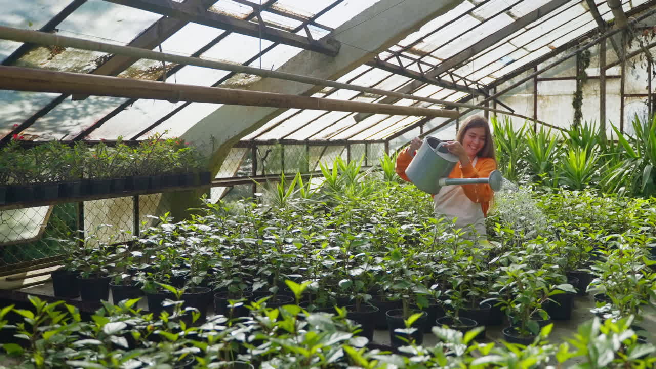 mujer regando plantas en el invernadero