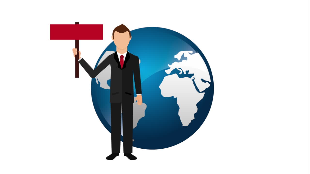 hombre de negocios con un letrero frente a un globo