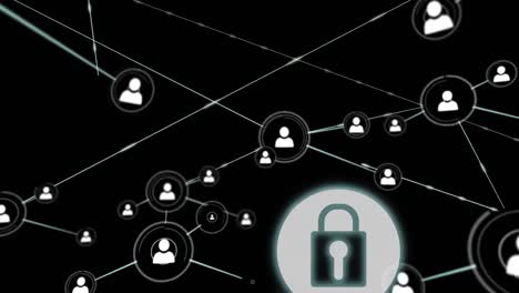 digital animation of network of profile icons over security padlock icon on black background